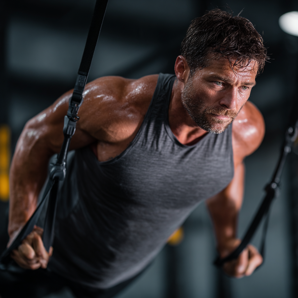 Athletic man performing compound exercises in professional training environment