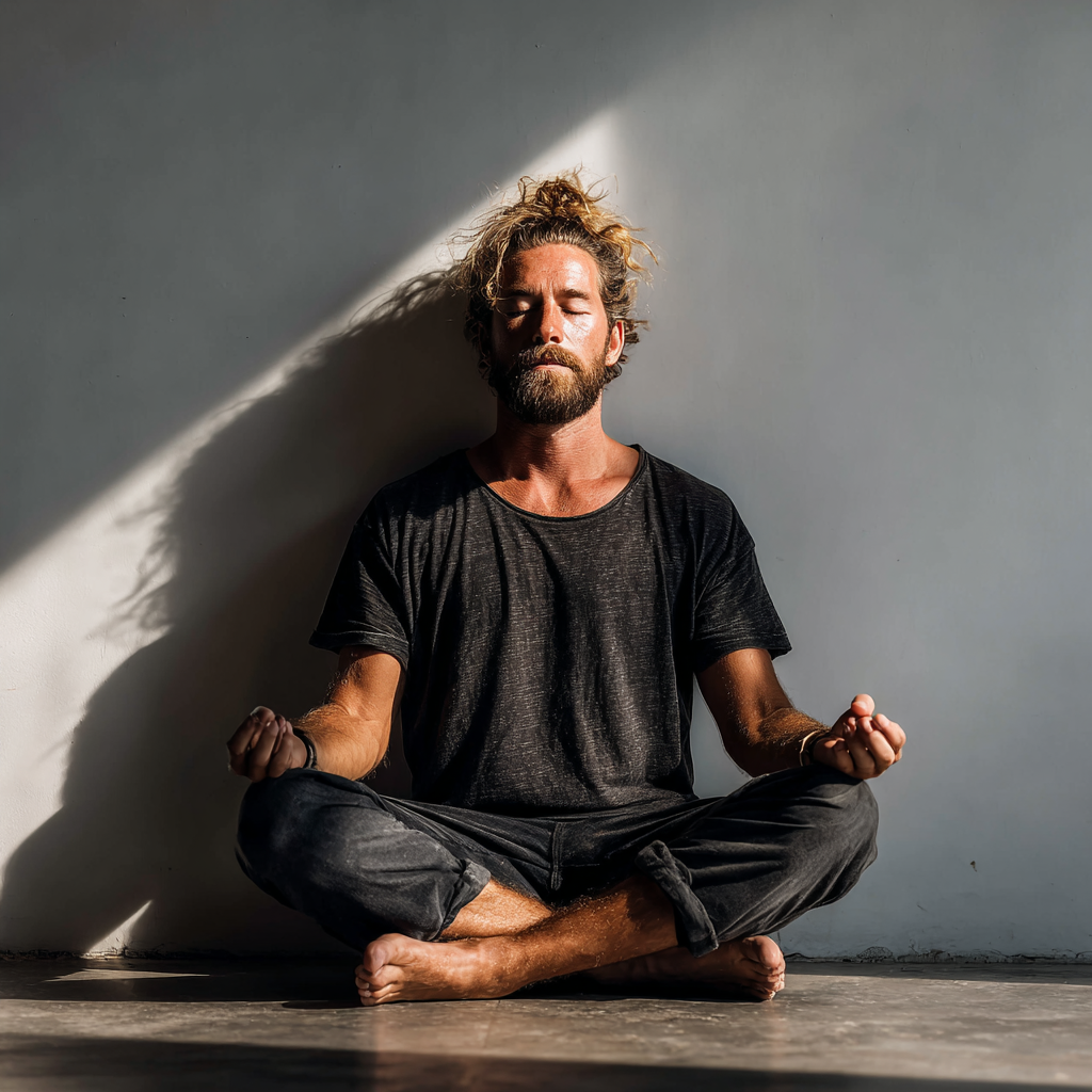 Focused man meditating in peaceful training space demonstrating mental discipline