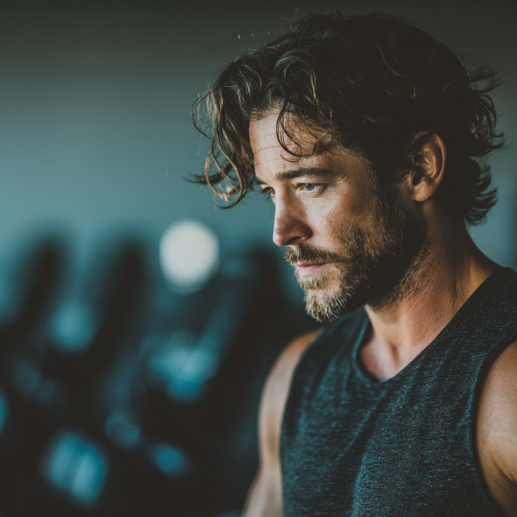 Strong confident man working out in modern gym with focused determination
